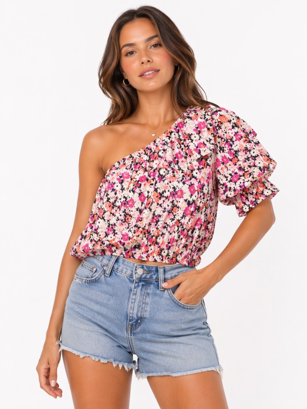EUC Universal Thread Ruffle Sleeve Floral One-Shoulder Top Elastic Band at Waist
